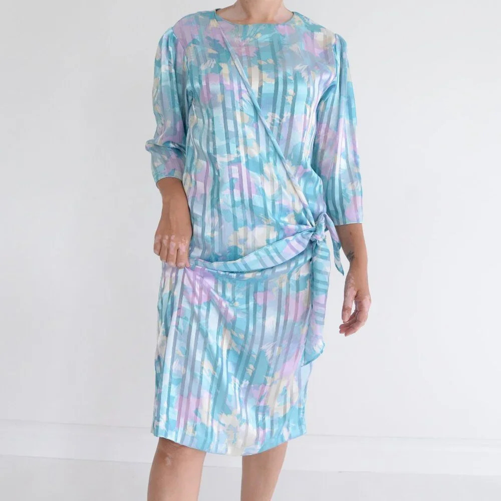 Vintage PM Petite 80s Teal Pastel Floral Midi Drop Waist Wrap Dress 10